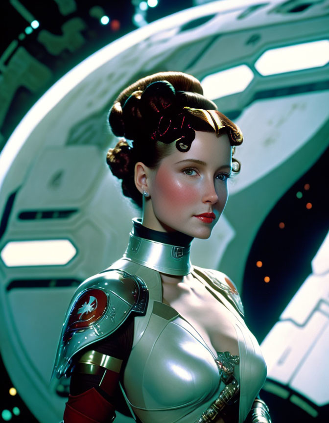 Elaborate hairstyle woman in futuristic armor with red insignia poses in sci-fi setting.