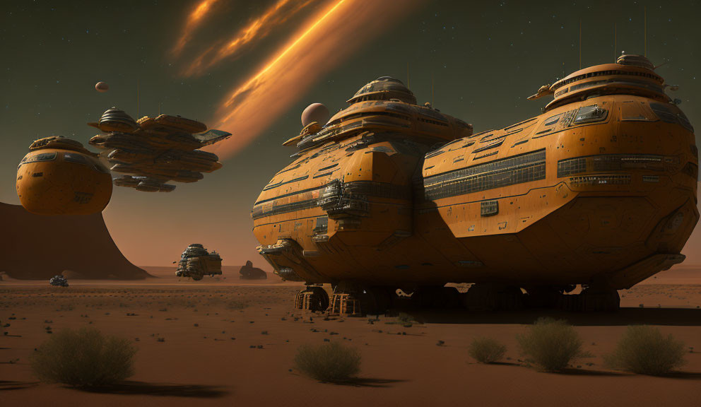 Orange Spaceships Landing on Desert Planet with Meteor and Moons in Sky