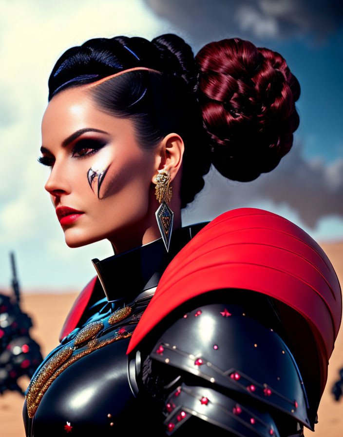 Elaborate updo and makeup with black heart, ornate armor in desert sky