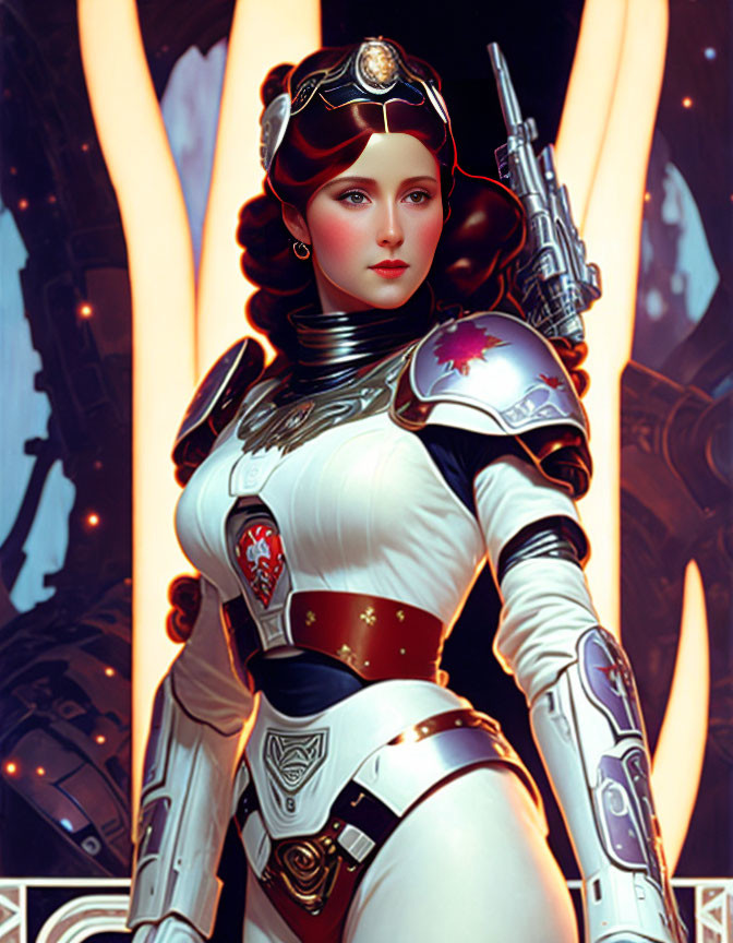 Futuristic woman in white-and-red armor suit with blaster and medieval fantasy flair