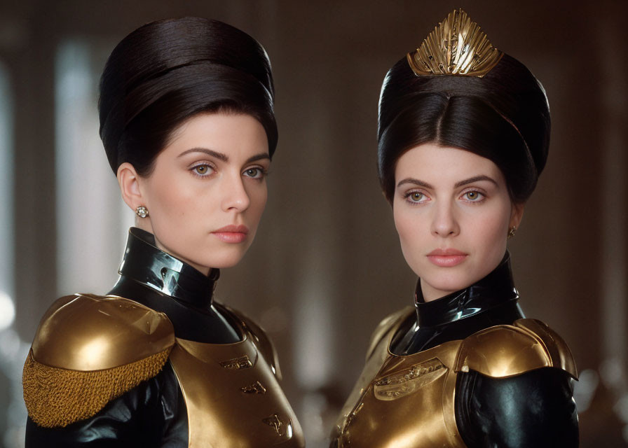 Futuristic black and gold costumes with elaborate hairstyles and headpieces