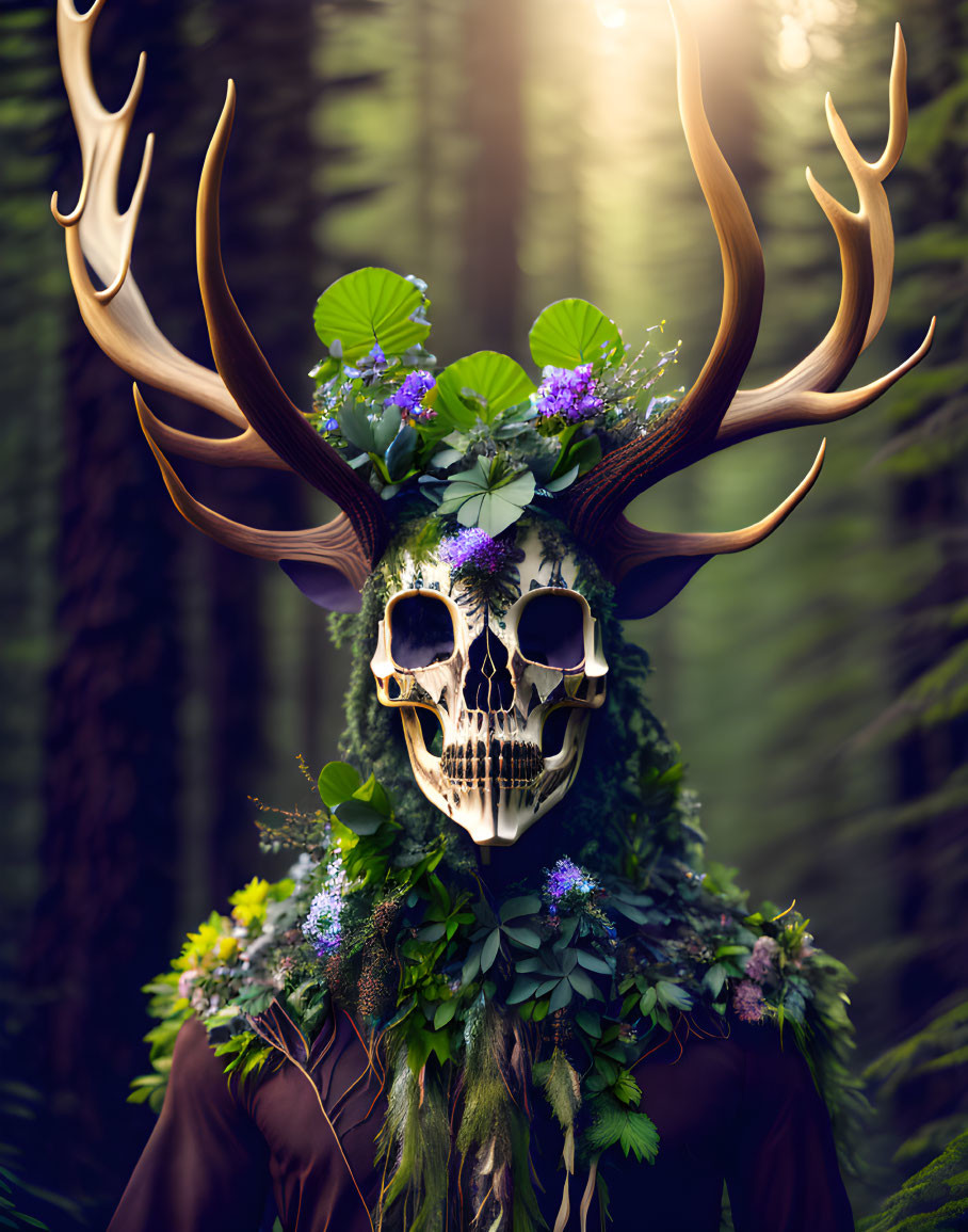 Skull with large antlers and vibrant flowers in forest setting