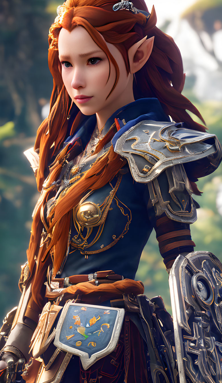 Armored female elf with red hair in blue and gold attire holding shield with tree emblem