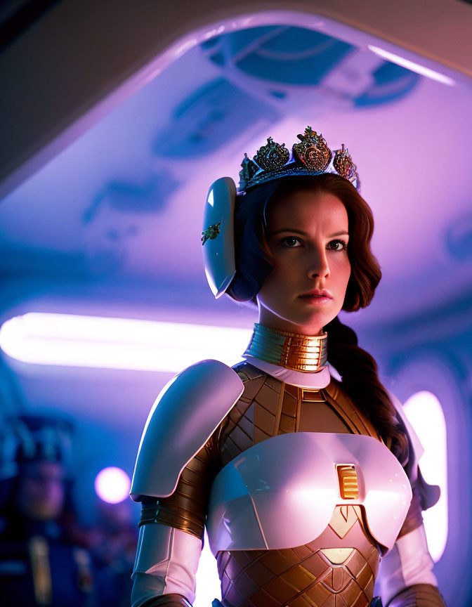 Woman in ornate crown and futuristic armor in spacecraft with purple lighting.