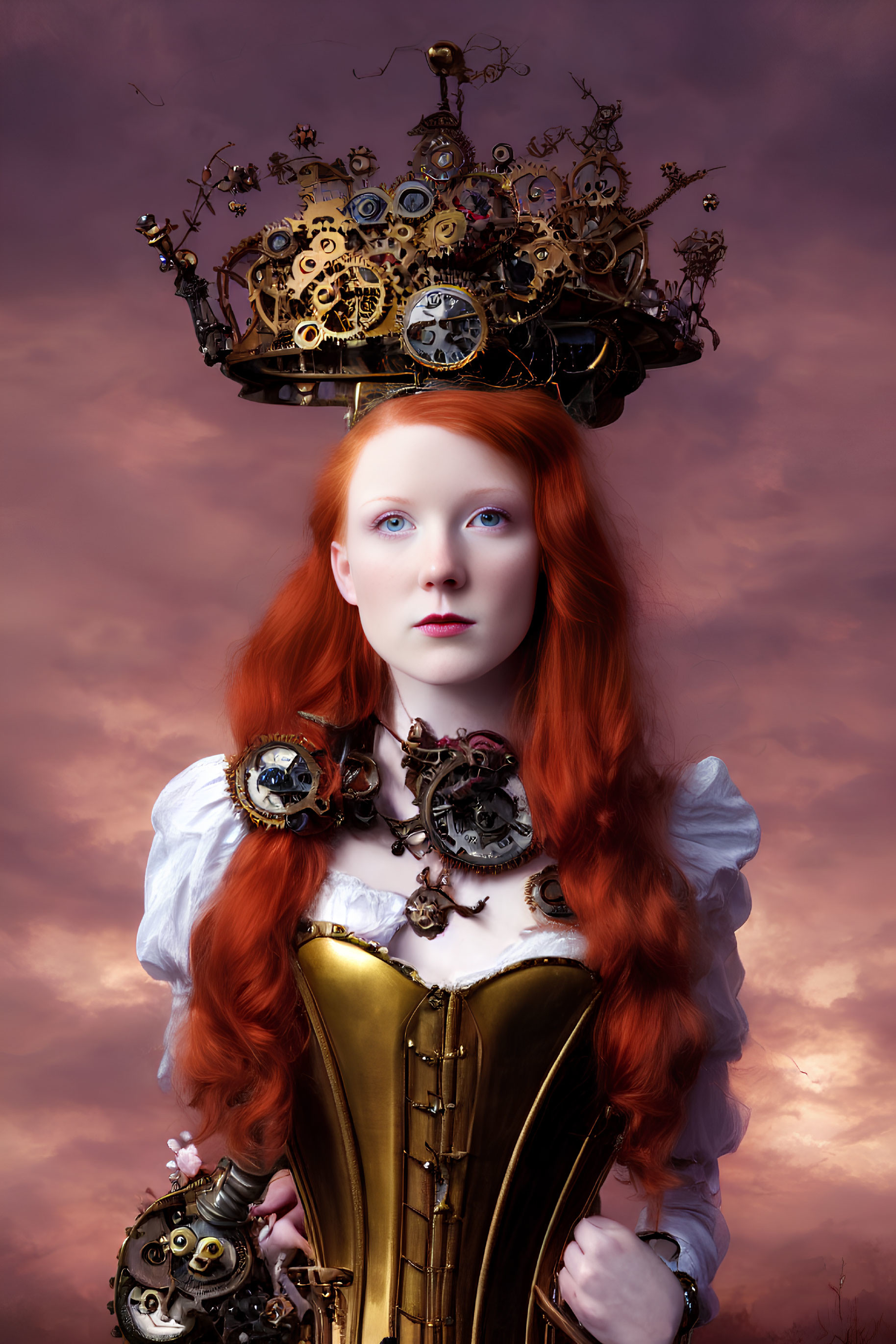 Red-haired woman in steampunk attire under pink-purple sky