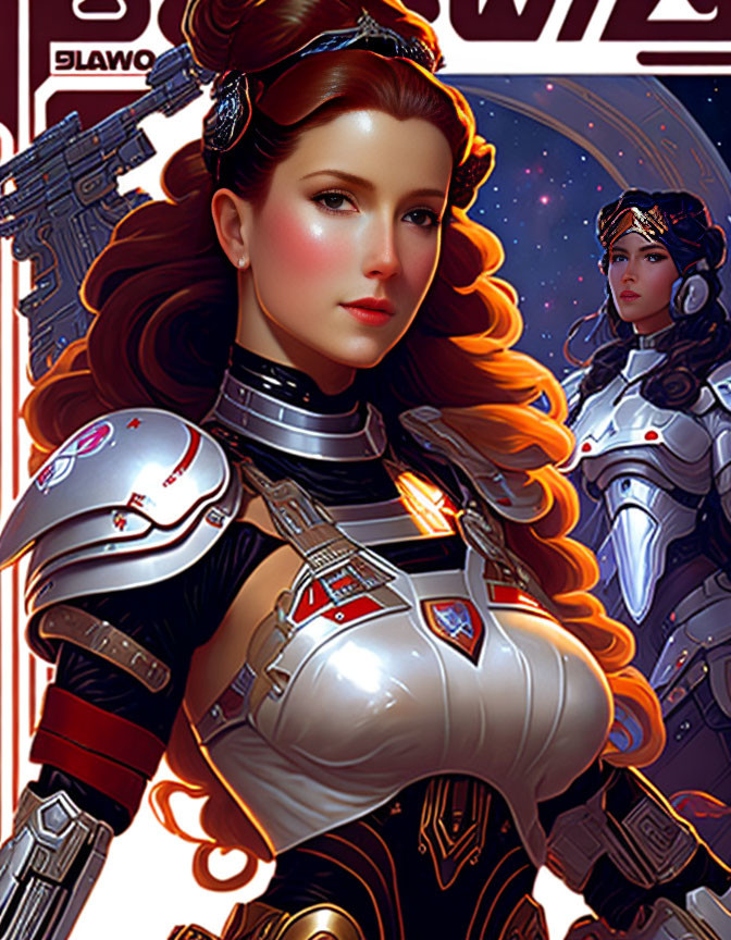 Digital illustration of female character in red hair and futuristic armor with intricate metallic designs and cosmic background.