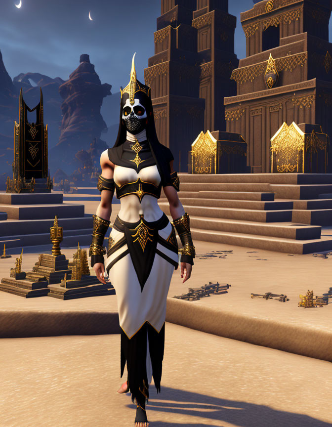 Fantasy video game character in gold and black costume at dusk