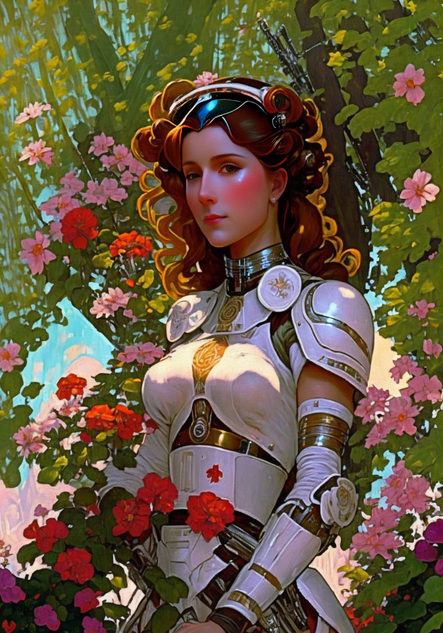 Female warrior in silver armor with floral backdrop and blue headpiece among pink flowers