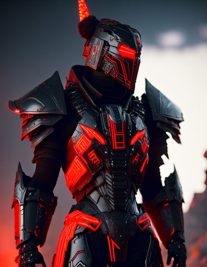 Futuristic warrior in black and red armor against red misty backdrop