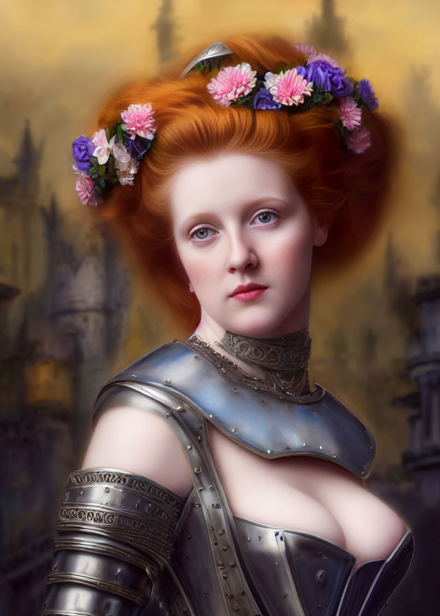 Red-haired woman in floral crown and medieval armor against castle spires