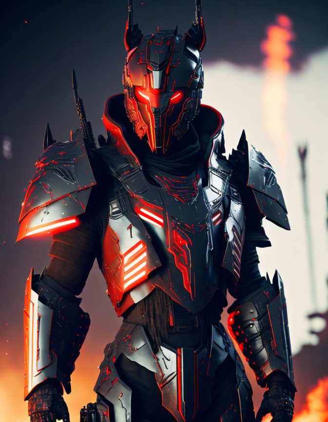 Futuristic knight in red and black glowing armor against fiery sky