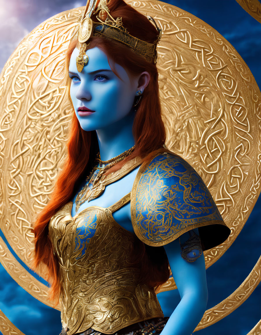 Fantasy Art: Blue-skinned Woman in Golden Armor on Celtic Knotwork Background