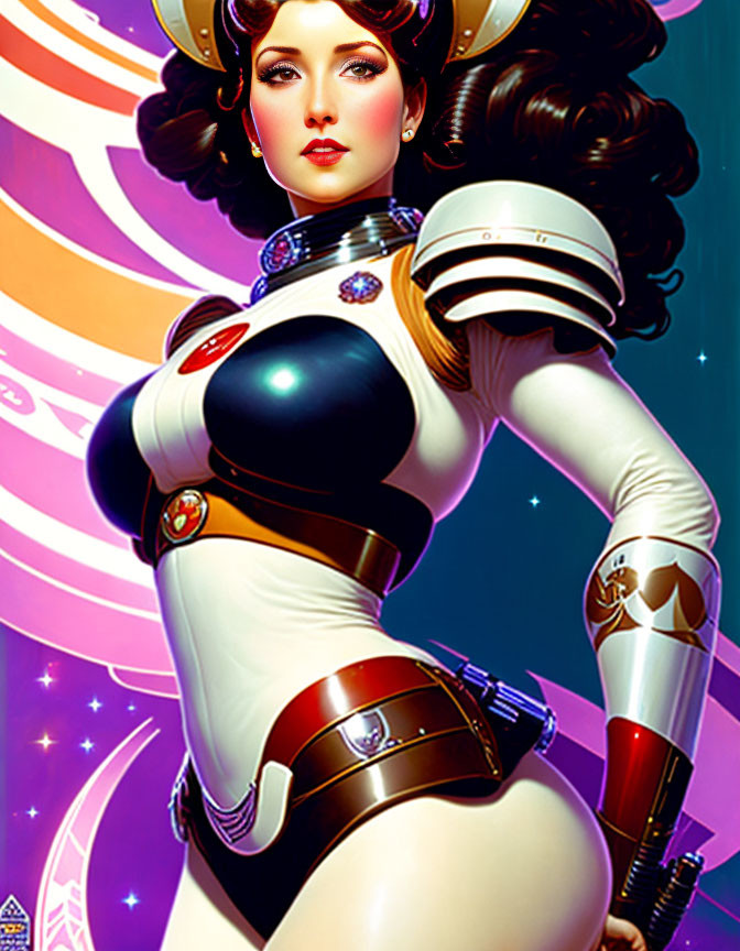 Woman in retro-futuristic space outfit with helmet and gloves on starry background