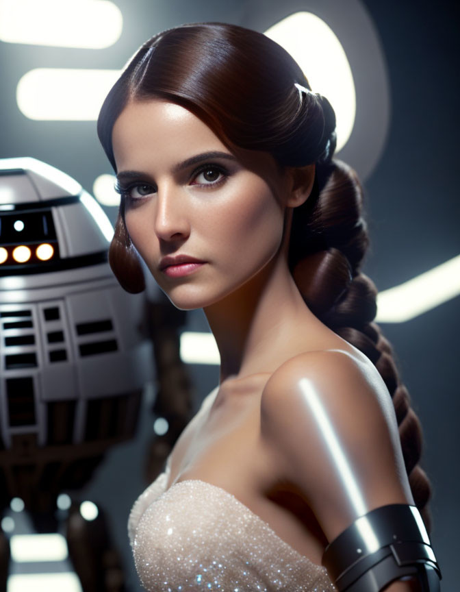 Woman with elegant hairstyle and makeup posing with blurred robot figure under circular lights