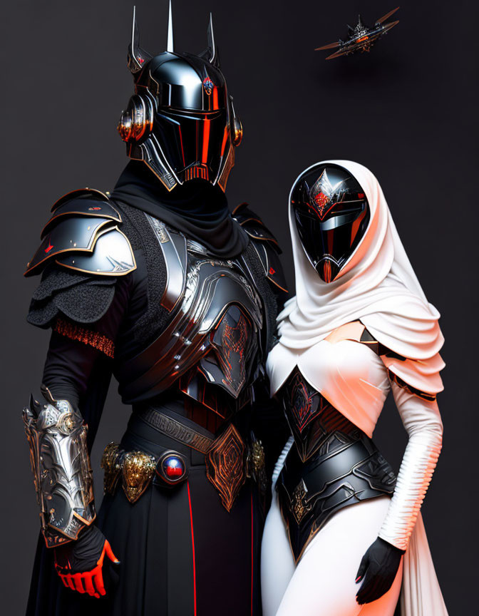 Futuristic knights in stylized armor with spaceship in background