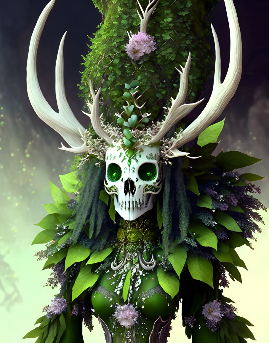 Skull-faced forest spirit with antlers and ornate decorations surrounded by foliage.