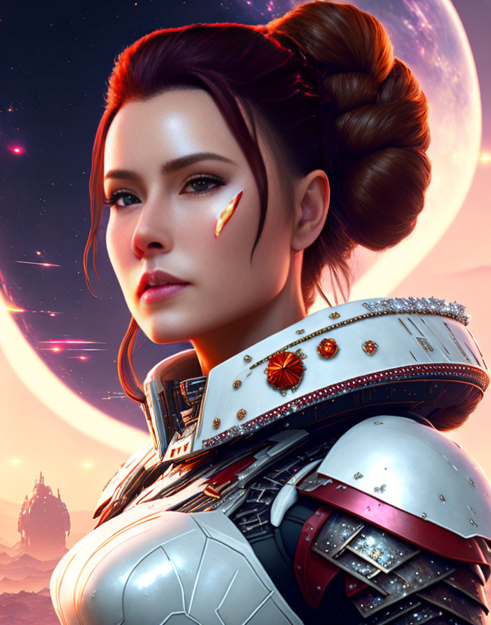 Futuristic digital artwork of woman in armor with sci-fi space backdrop