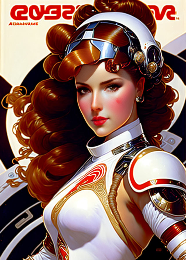 Illustrated woman with voluminous curly hair in futuristic pilot uniform.