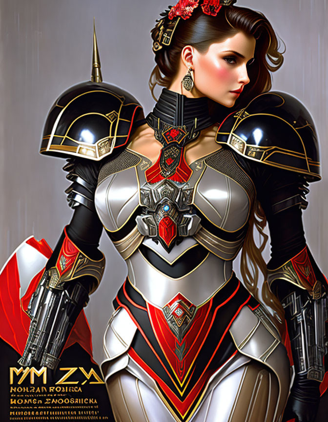 Digital artwork: Woman in futuristic knight armor with red accents and floral headpiece