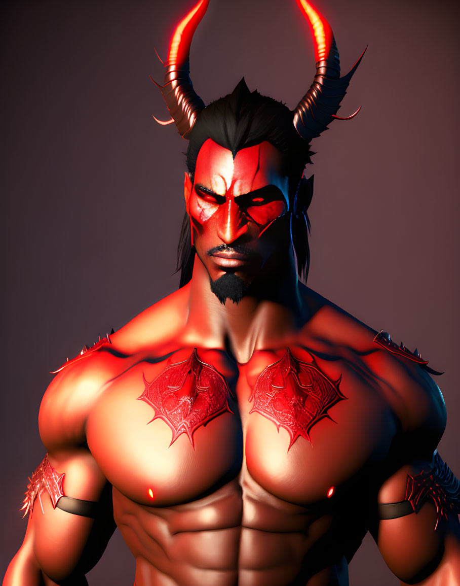 Muscular figure with horns and red eyes in demonic chest armor.