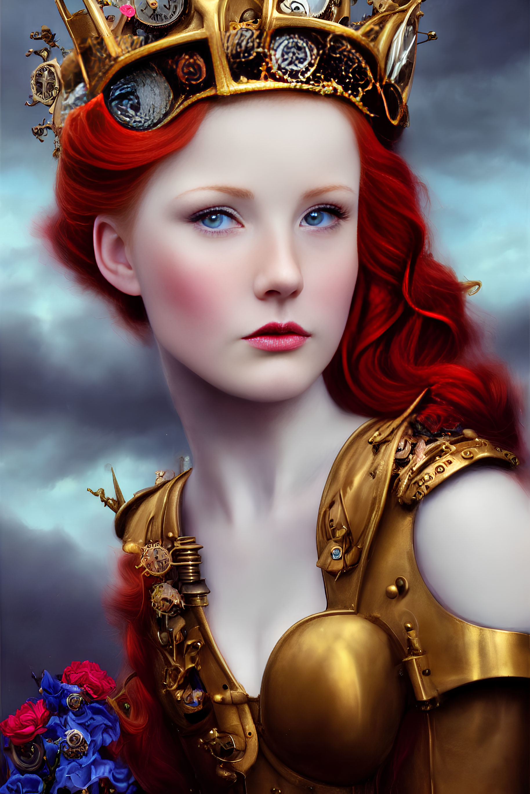 Regal figure with red hair and golden crown in cloudy sky setting