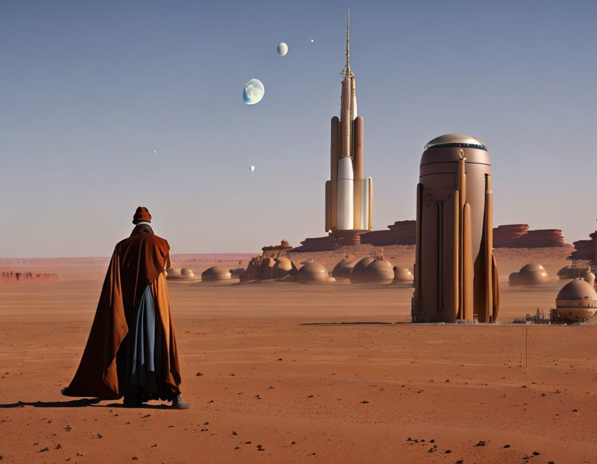 Figure in cape gazes at futuristic city on desert planet with multiple moons