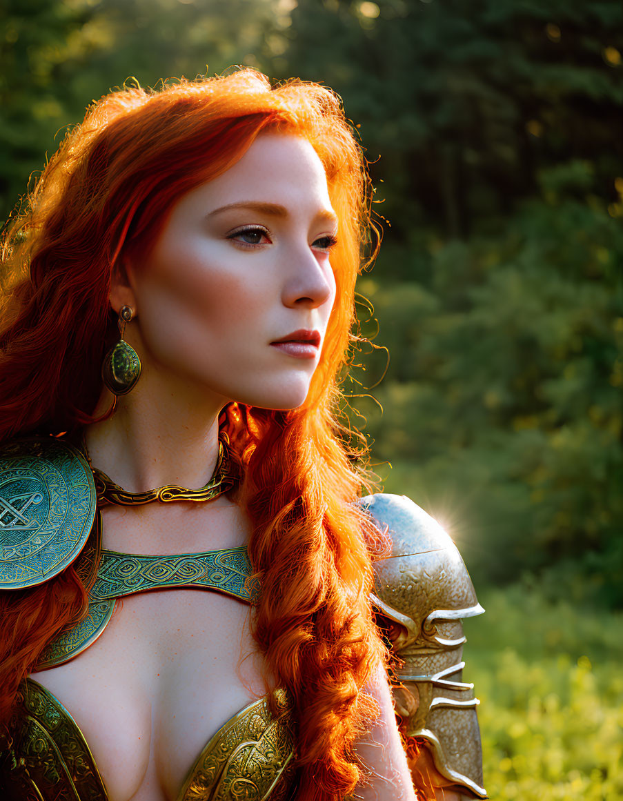 Fiery red-haired woman in ornate armor under warm sunlight in lush setting