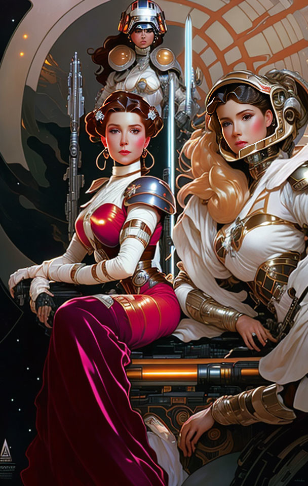 Three women in futuristic armor with elegant hairstyles in front of a sci-fi cityscape