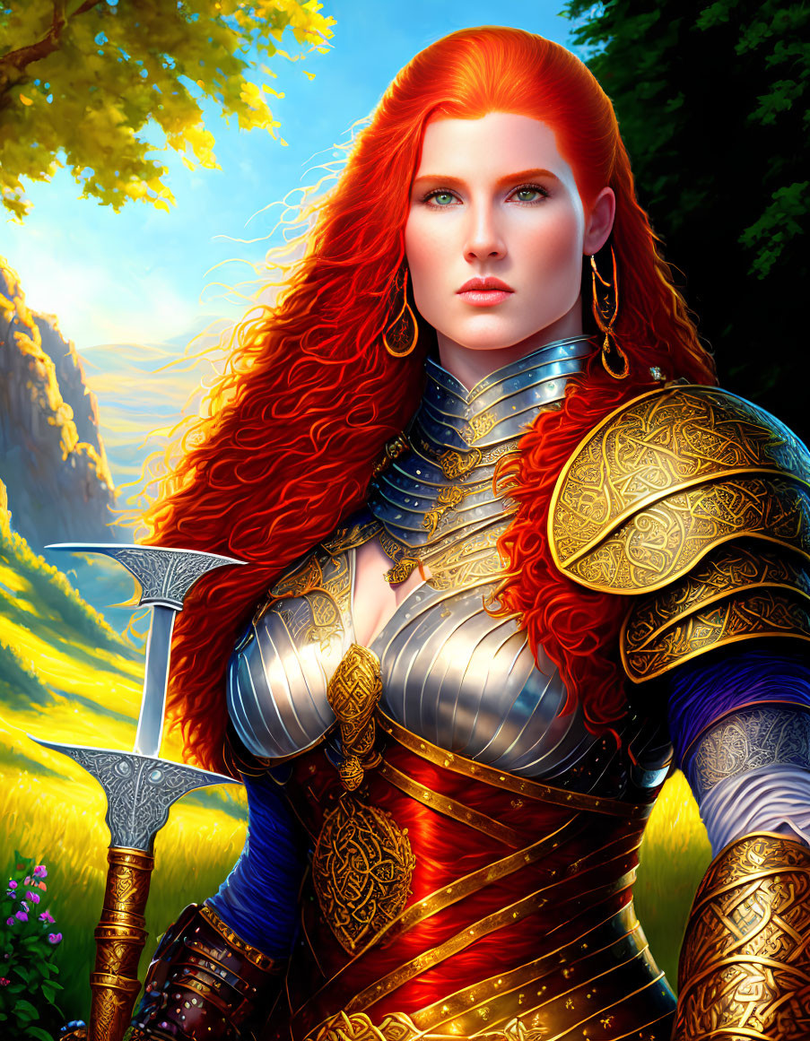 Vibrant artwork of woman in golden armor with axe in scenic landscape