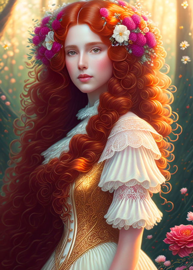 Portrait of woman with flowing red hair and floral wreath in ornate dress against warm backdrop