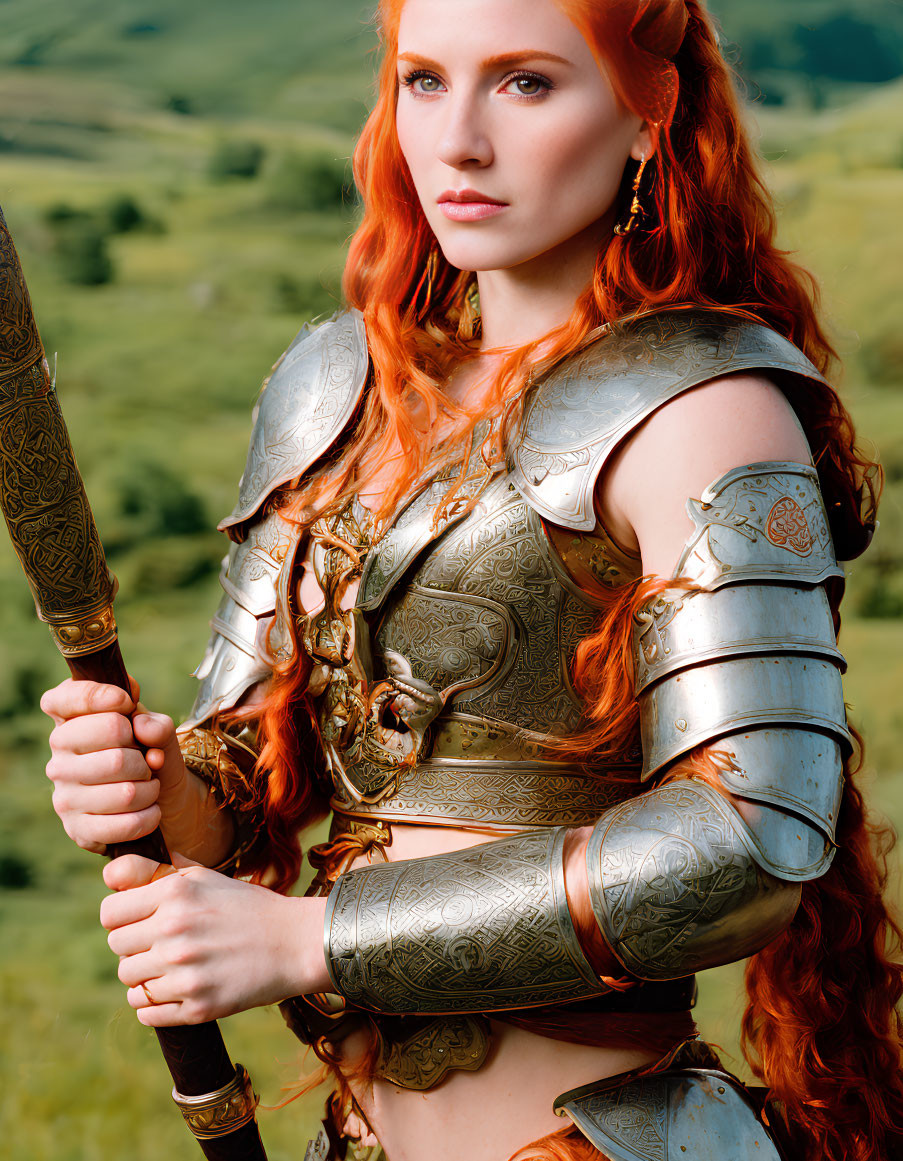 Red-haired woman in silver armor wields sword against green landscape