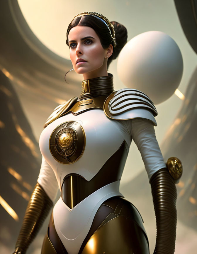 Futuristic white and gold suit with spherical shoulder pads on woman against architectural backdrop