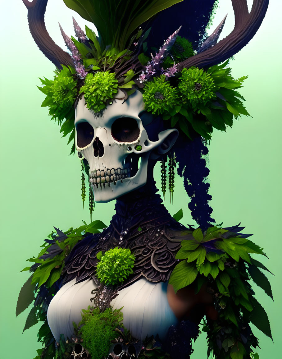 Skull with green foliage, flowers, antlers, and dark armor on green background