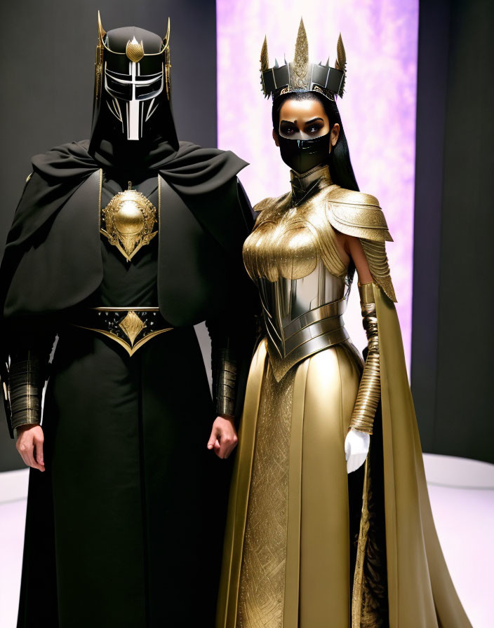 Futuristic knight-themed individuals in metallic armor on purple background