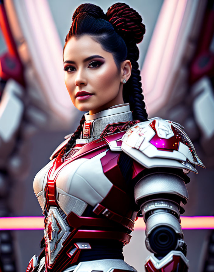 Braided hair woman in futuristic armor with neon lights pose confidently