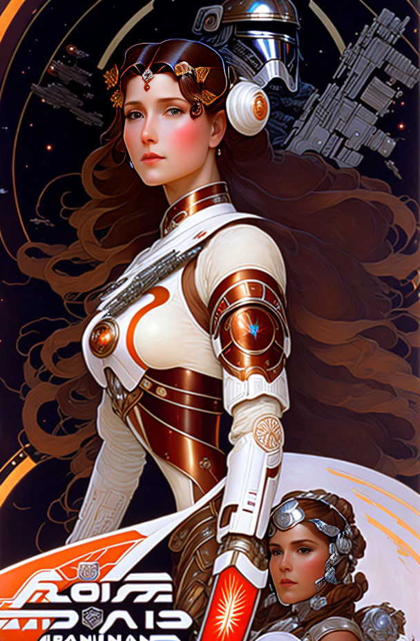 Futuristic digital artwork of a woman in armor with space station backdrop