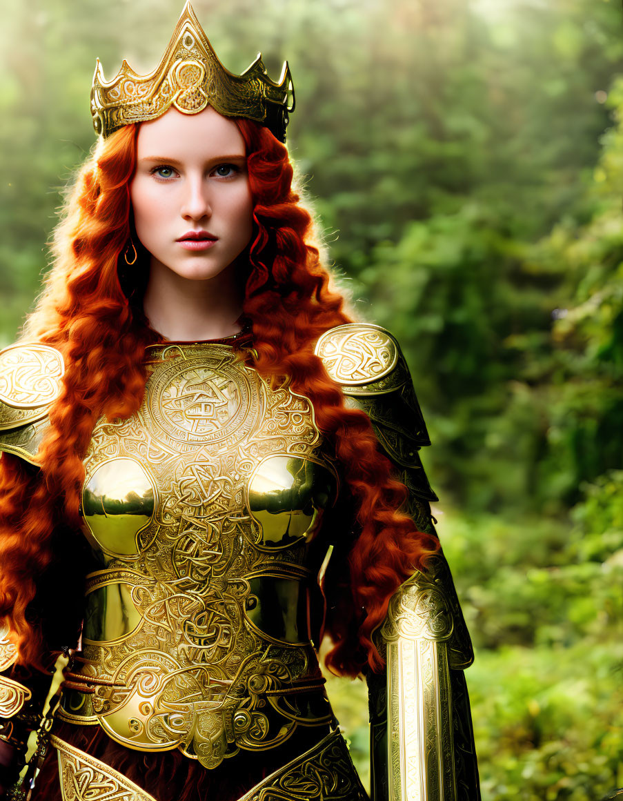 Golden-armored woman with red hair in forest setting