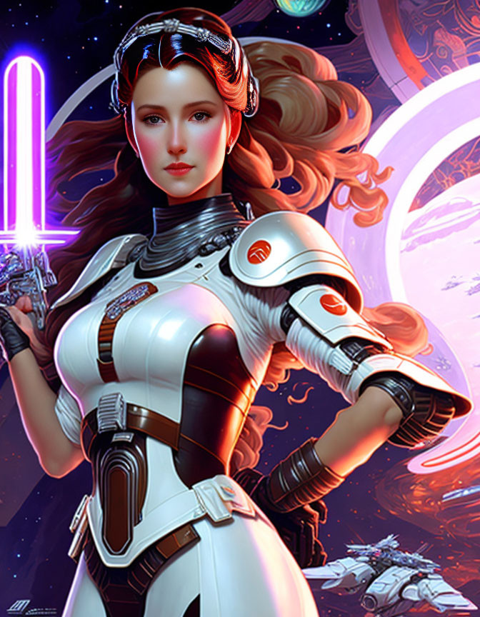 Female Space Warrior with Purple Lightsaber in Futuristic Armor Against Cosmic Backdrop