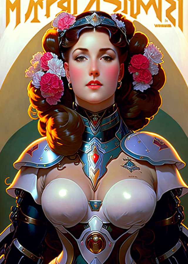 Stylized portrait of aristocratic woman in futuristic armor with glowing elements