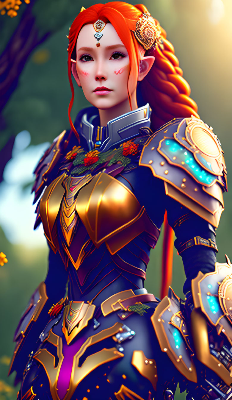 Elf warrior digital artwork: red hair, golden armor, intricate headpiece, forest setting