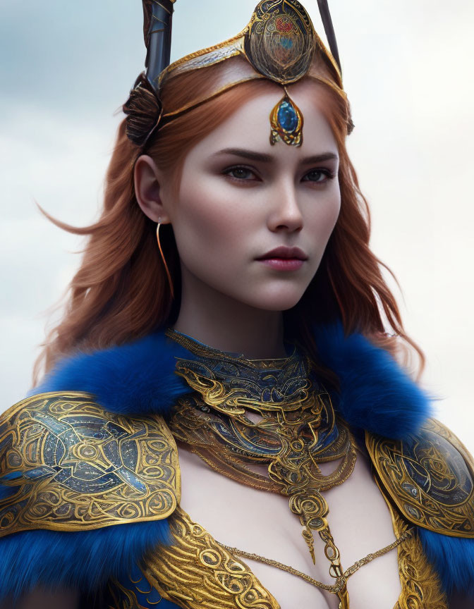 Regal figure in red hair, golden armor, and gemstone crown