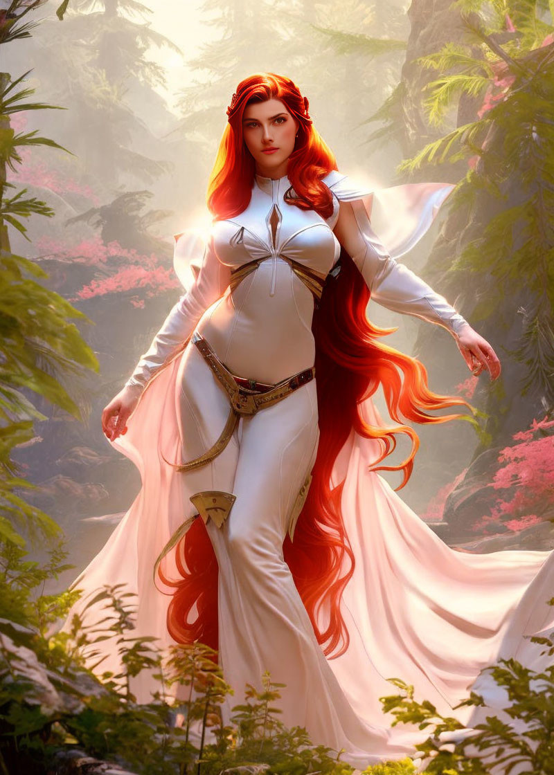 Red-haired woman in white costume in mystical forest with pink foliage