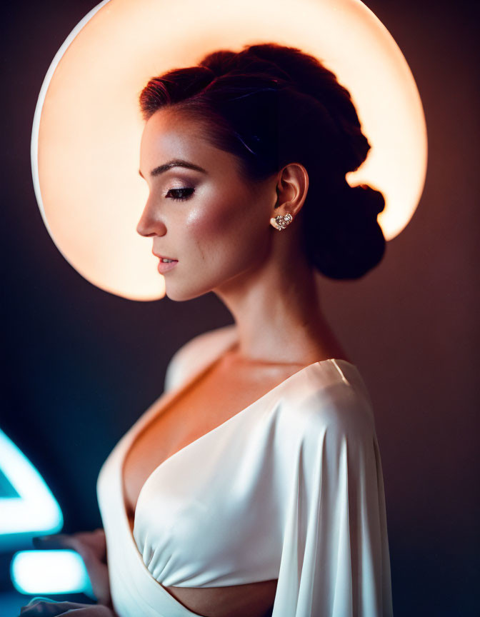 Woman in White Gown with Updo and Earrings Backlit by Circular Light