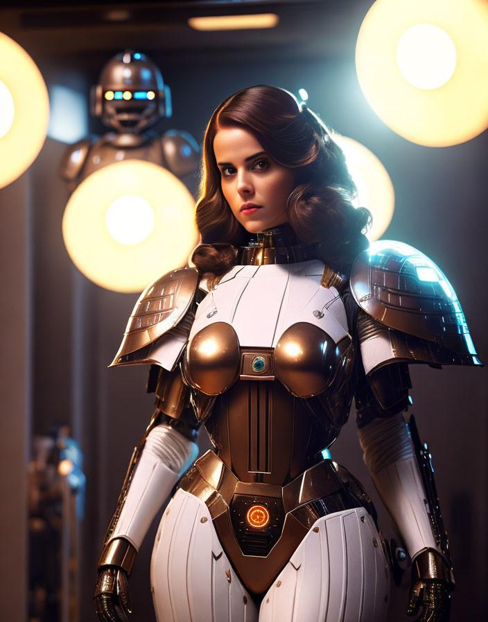 Futuristic woman in white-and-gold armor with glowing orbs and robot.