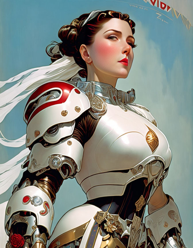 Futuristic armor woman with high collar and stylized hair gazing upward