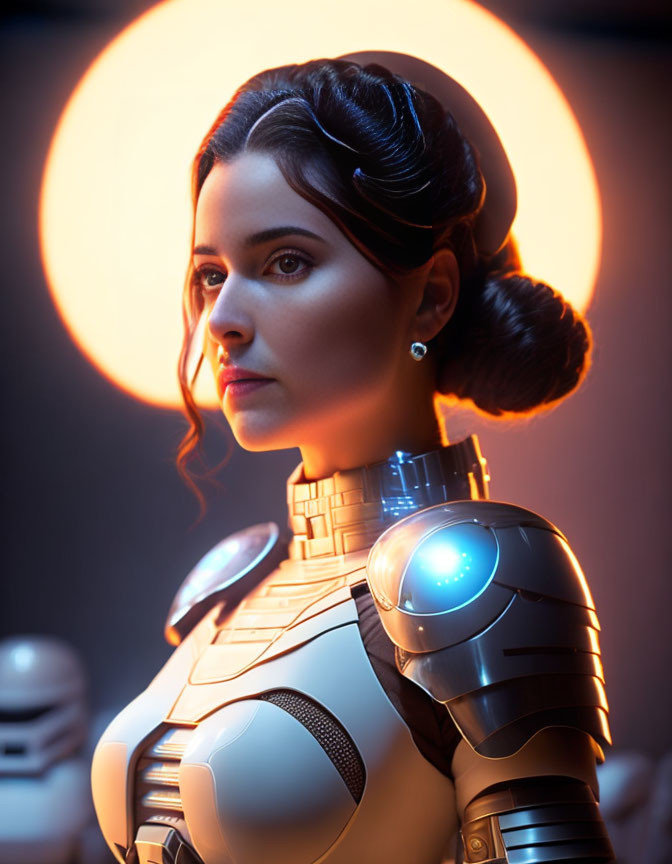 Elaborate Updo Woman with Futuristic Robot Body in Sci-Fi Setting