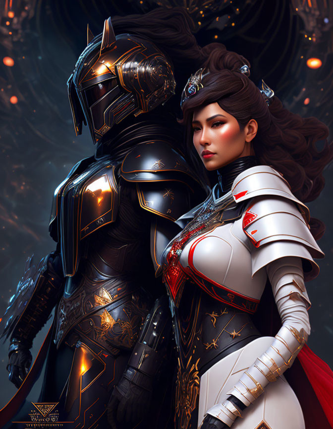 Futuristic knight armor digital artwork with male and female in cosmic setting