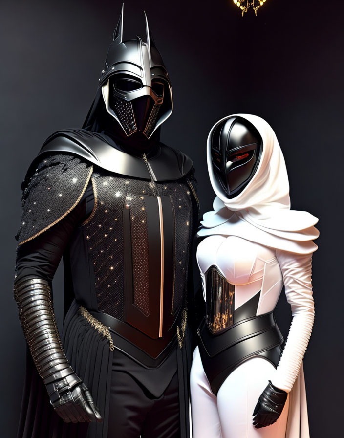 Futuristic black and white armored characters with golden chandelier on dark background