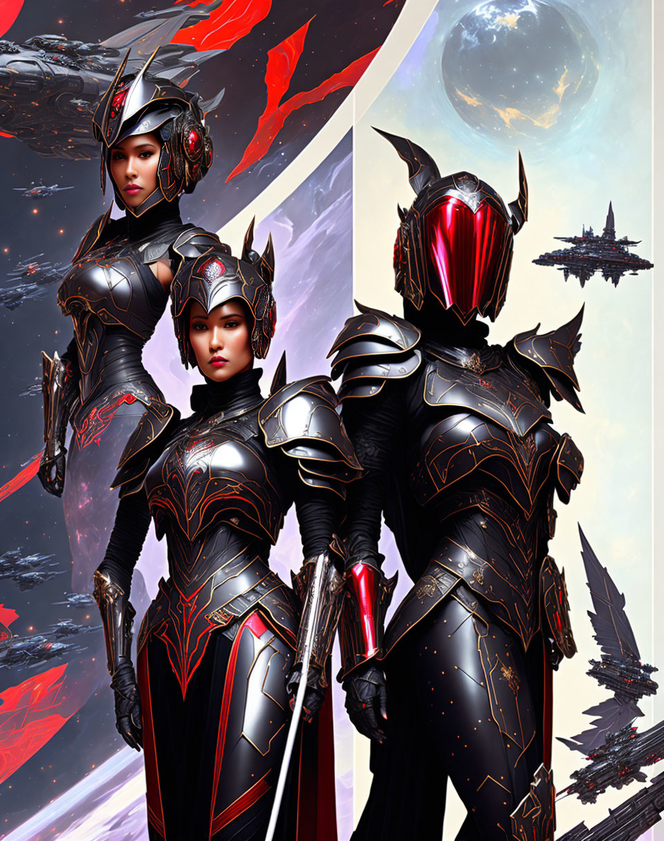 Futuristic knights in ornate armor against cosmic backdrop