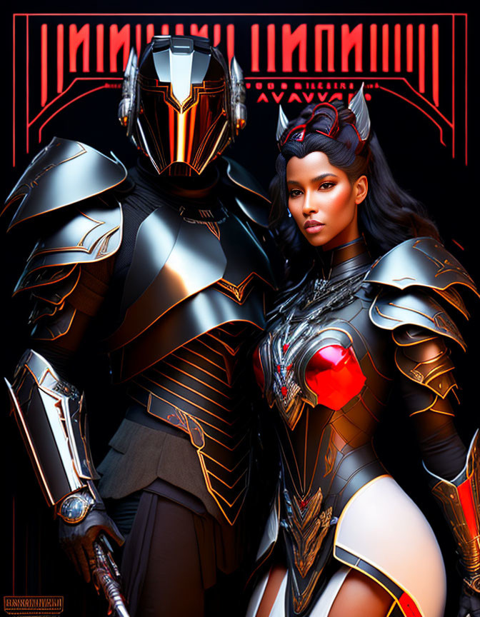 Futuristic armor-clad man and woman in red glow, ready for battle